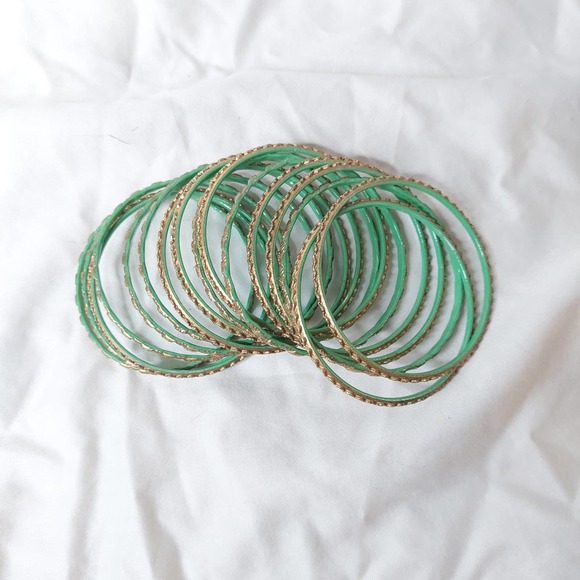 Vintage Gold Tone Textured Costume Bangle Stack Set of 16 with Pop of Mint Green - Picture 3 of 7